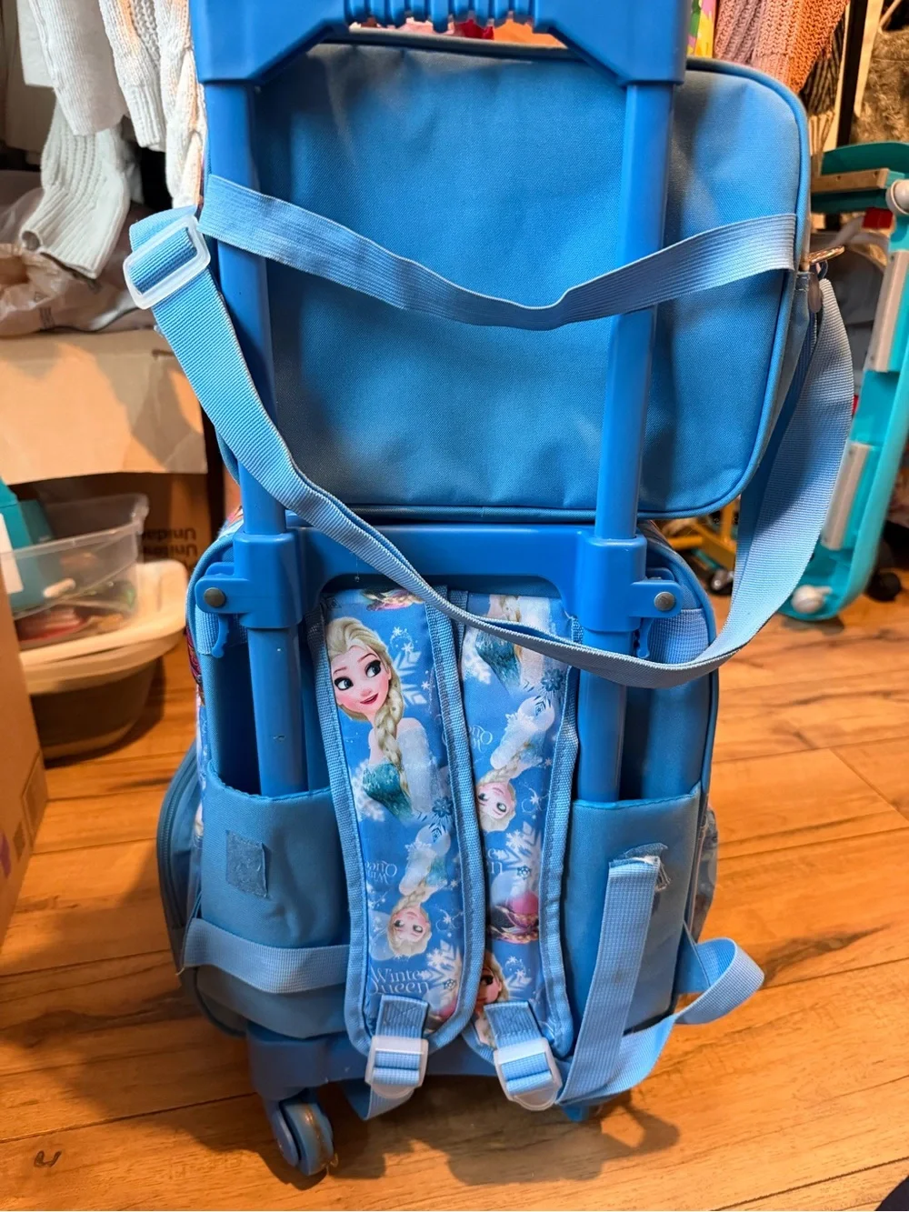 Disney Frozen Light Blue and Pink Character Rolling Backpack and Lunchbox Set